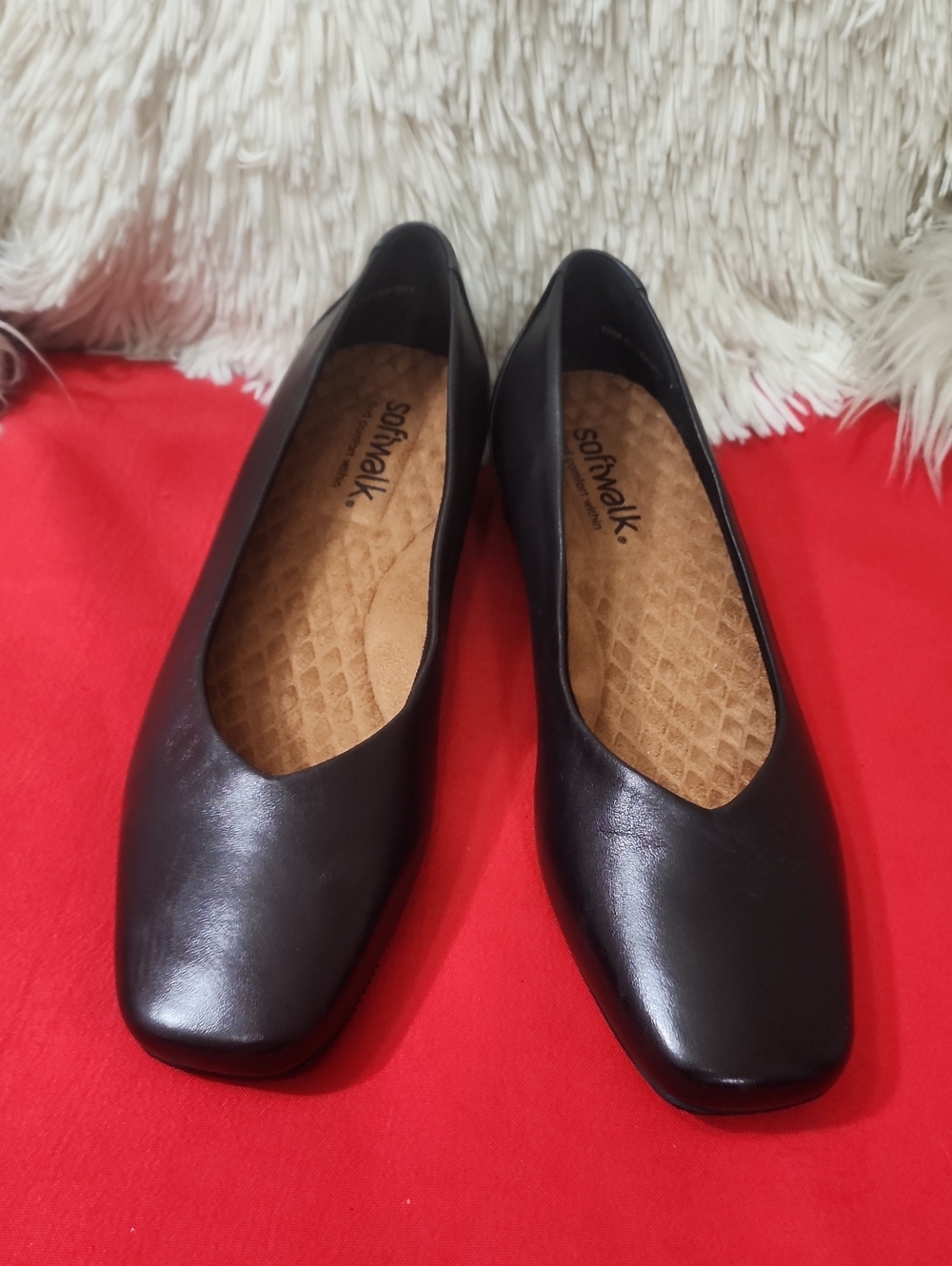 SoftWalk Vina Black Leather Square-Toe Ballet Flats